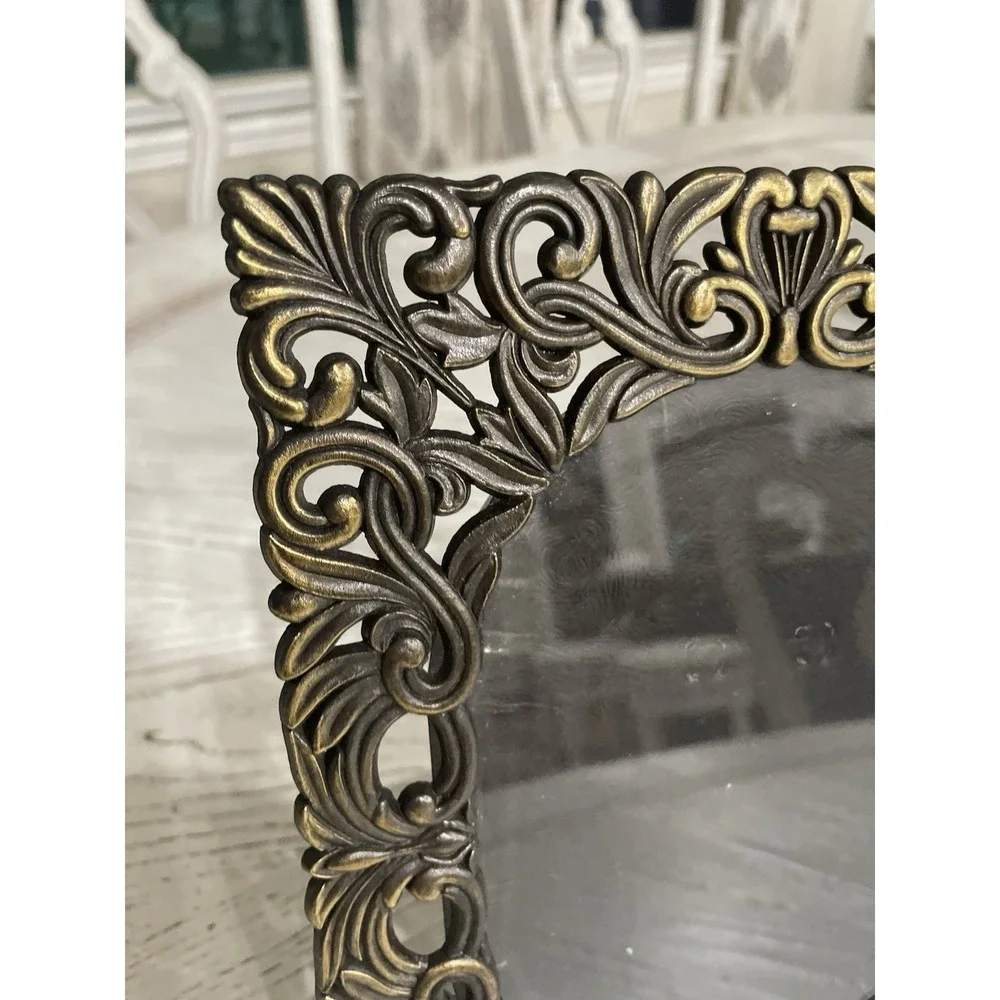 Vintage Heavy Antique Brass Colored Metal Filigree Picture Frame Holds 5